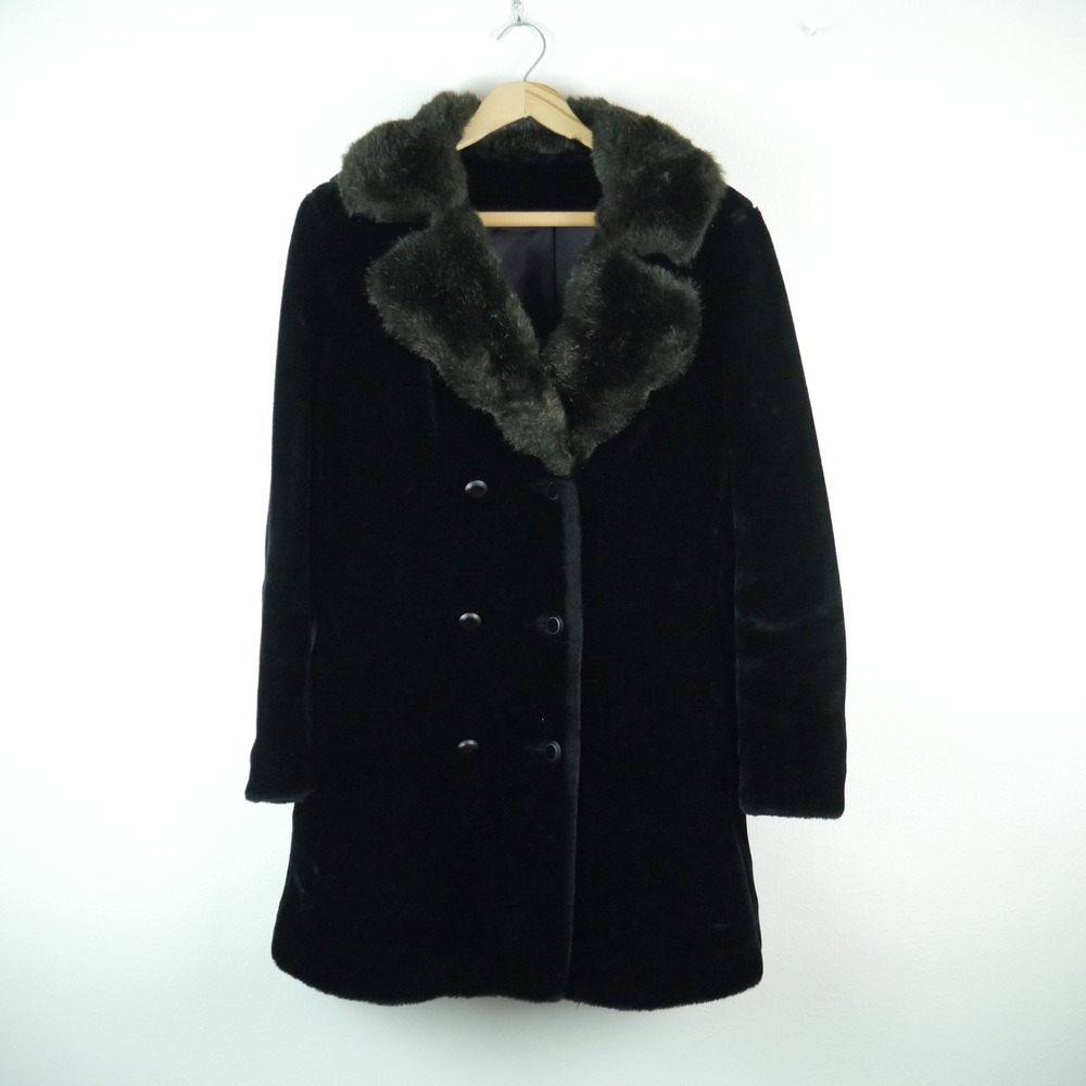 Vintage Borgessa Black‎ Faux Fur Deep Pile Coat Double Breasted M Glam Luxury
